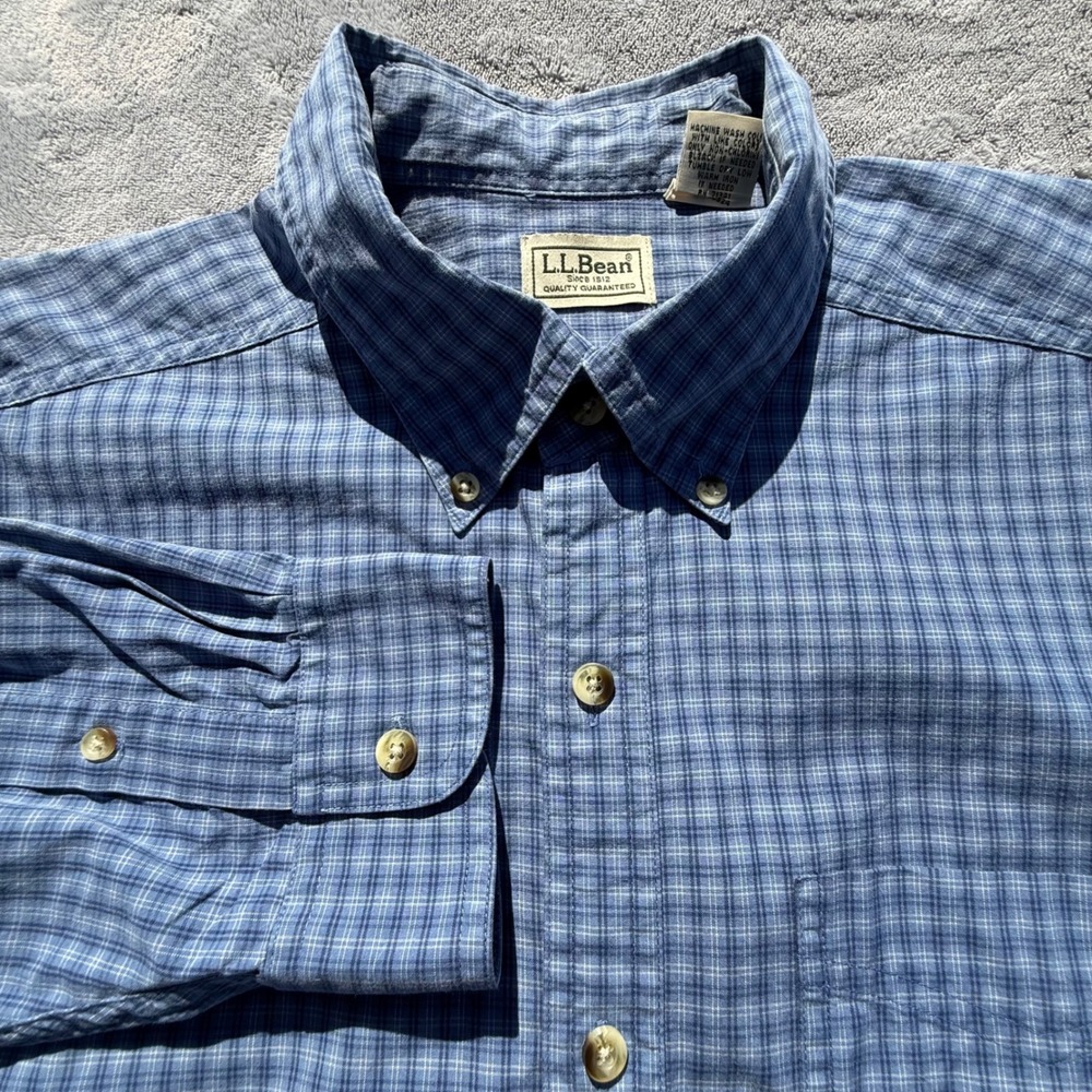 LL Bean Mens Large Tall Blue Plaid Button Down Shirt 100% Cotton Long Sleeve